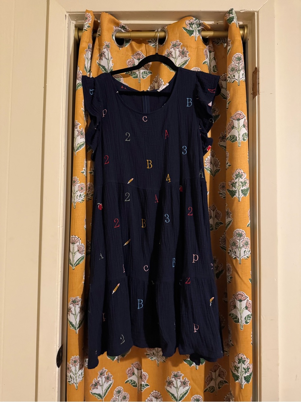 Chic Soul Navy Blue Teacher Tiered Dress with Multicolor Embroidery